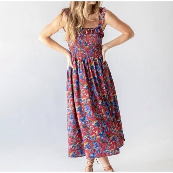 NATURAL LIFE Dresses & Skirts - Natural Life‎ Megan Smocked Midi Dress Side Slit Floral Ruffle Boho, Size Medium